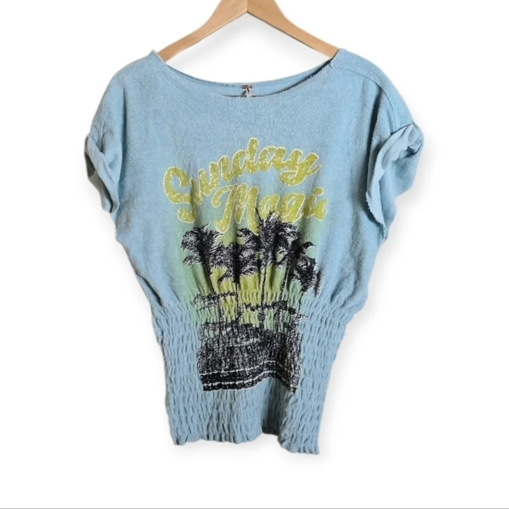 Free People Light Blue Palm Graphic Tank with Yellow Script